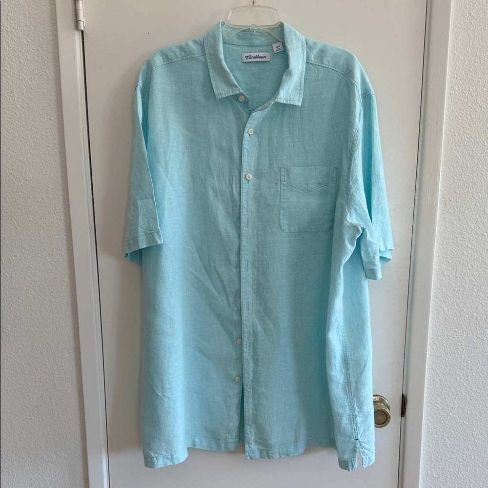 Caribbean Men's Aqua Button Down Shirt 2XLT summer cool Linen